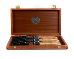 Набір з 6 ножів для стейка ручної роботи Laguiole з ручками різних порід дерева в дерев'яній коробці LTC6MAR