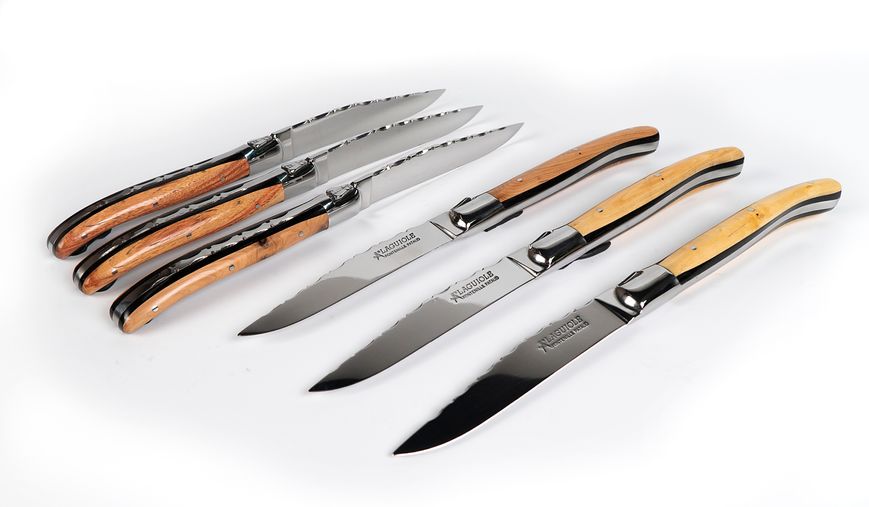 Набор из 6 ножей для стейка ручной работы Laguiole с ручками разных пород дерева в деревяной коробке LTC6MAR