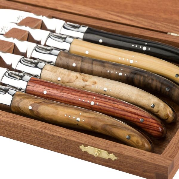Набір з 6 ножів для стейка ручної роботи Laguiole з ручками різних порід дерева в дерев'яній коробці LTC6ASS