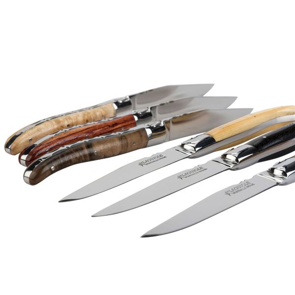 Набор из 6 ножей для стейка ручной работы Laguiole с ручками разных пород дерева в деревяной коробке LTC6ASS