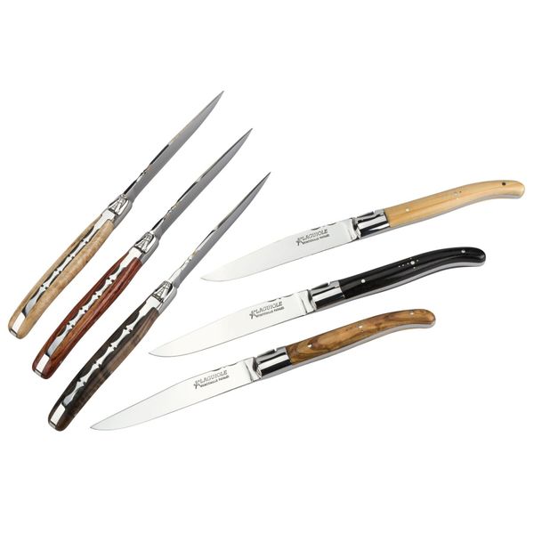 Набір з 6 ножів для стейка ручної роботи Laguiole з ручками різних порід дерева в дерев'яній коробці LTC6ASS