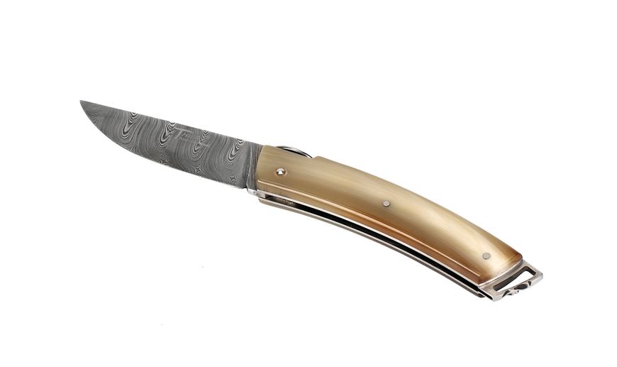 Нож со складным лезвием Le Thiers "Gentleman" ручной работы, светлый рог, дамаская сталь T98PCDI